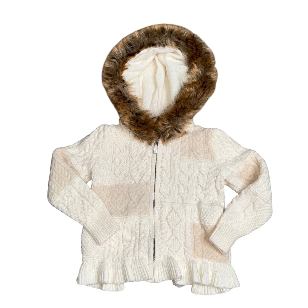 Polo Ralph Lauren Hooded Sweater Kids 4T Cream Excellent Faux Fur Cable Knit